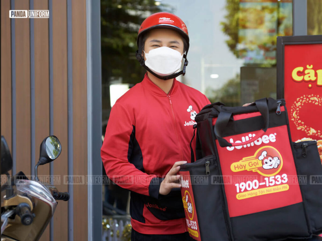 mẫu áo khoác đồng phục nhân viên giao hàng của jollibee