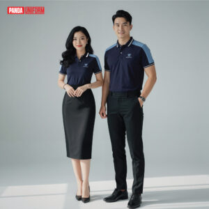 mẫu áo polo đồng phục công ty màu xanh tím than phối xanh biển