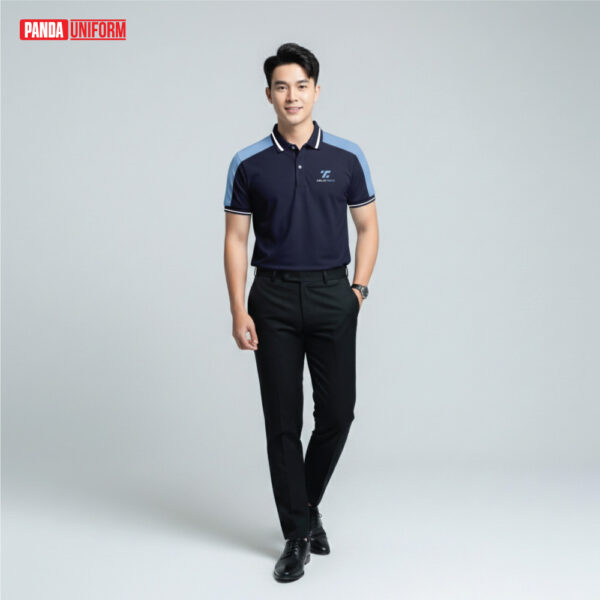 mẫu áo polo đồng phục công ty màu xanh tím than phối xanh biển