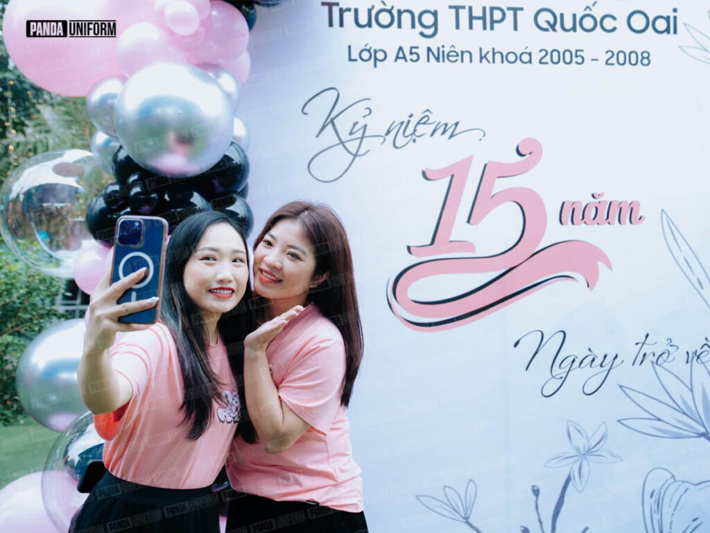 Áo phông họp lớp THPT Quốc Oai màu hồng nude, chất cotton excool, form unisex