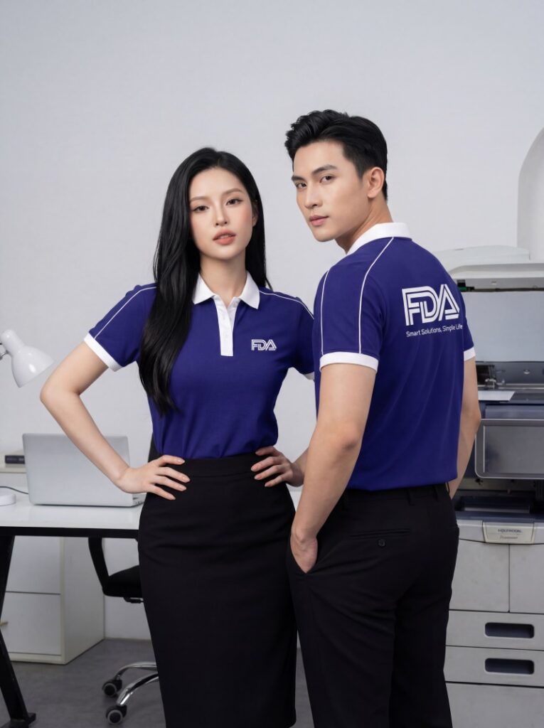 mẫu áo polo màu tím phối sọc vai đồng phục công ty