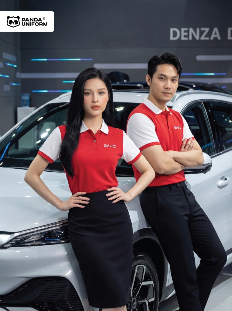 Mẫu áo polo màu đỏ phối tay trắng đồng phục công ty