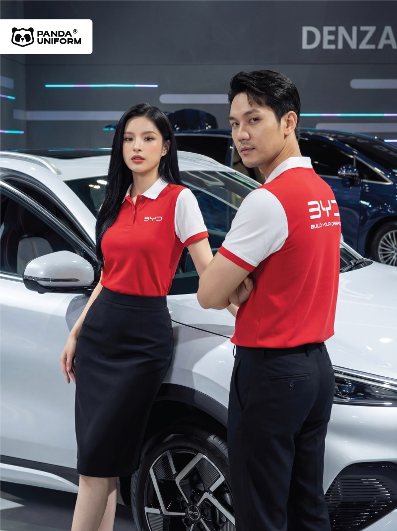 Mẫu áo polo màu đỏ phối tay trắng đồng phục công ty