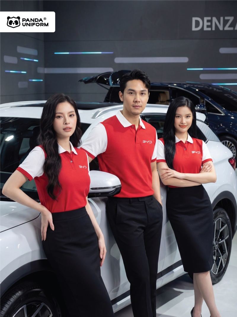 Mẫu áo polo màu đỏ phối tay trắng đồng phục công ty