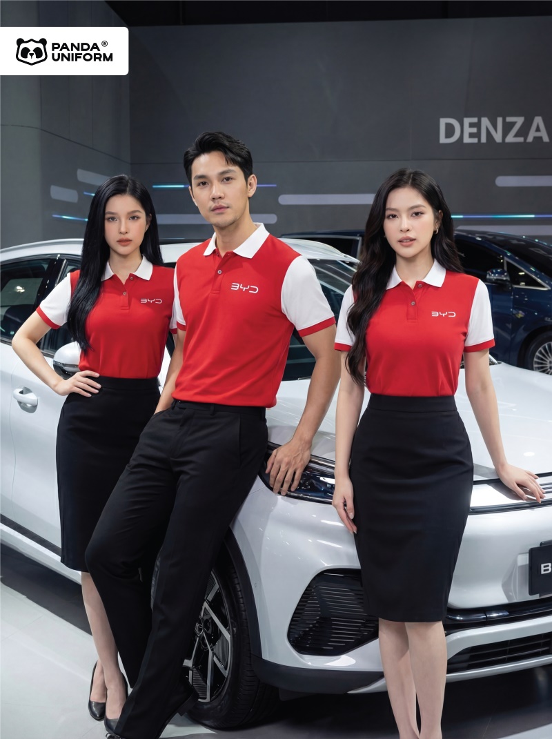 Mẫu áo polo màu đỏ phối tay trắng đồng phục công ty