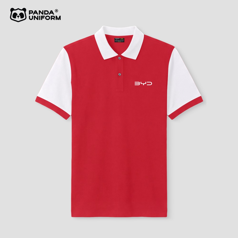 Mẫu áo polo màu đỏ phối tay trắng đồng phục công ty
