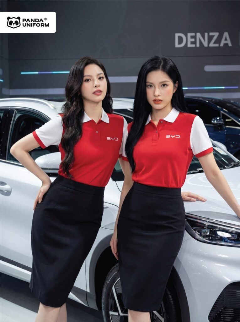 Mẫu áo polo màu đỏ phối tay trắng đồng phục công ty