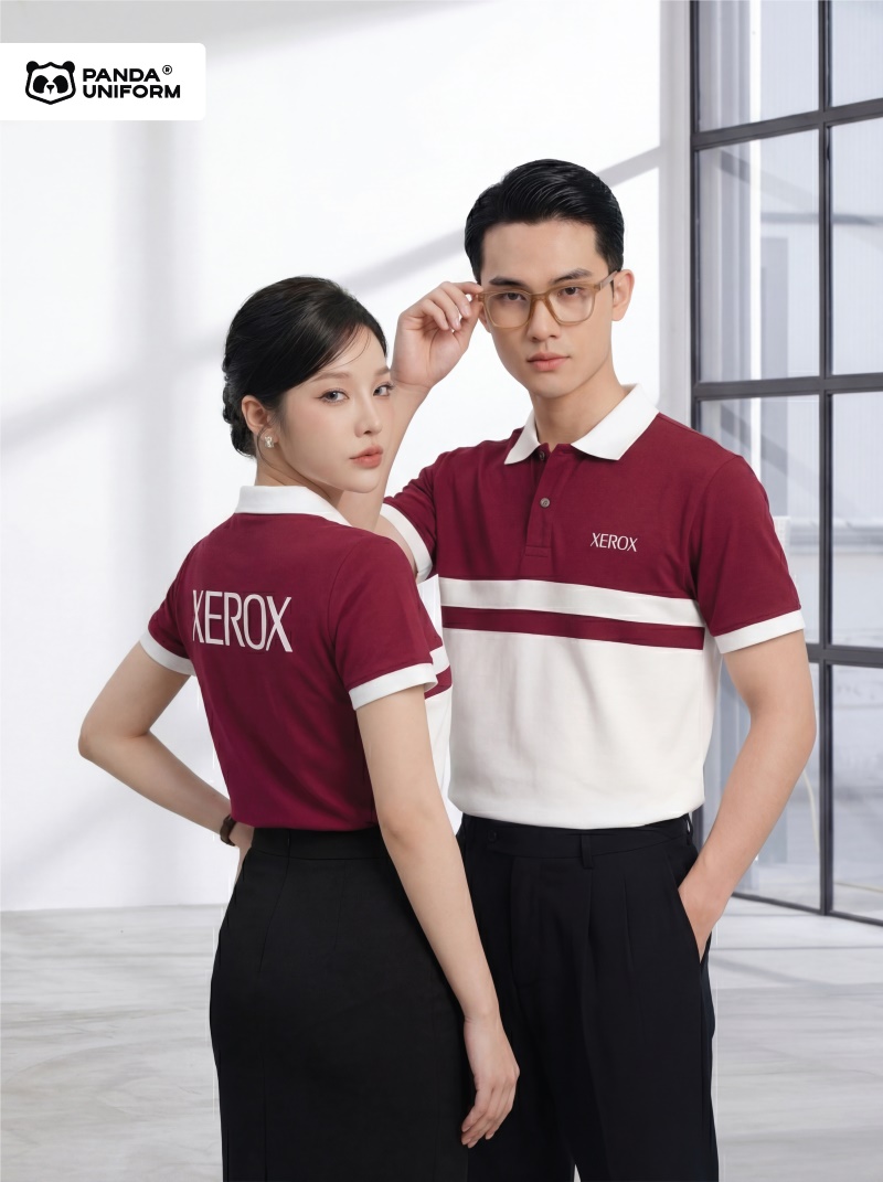 Mẫu áo polo màu nho phối trắng đồng phục công ty