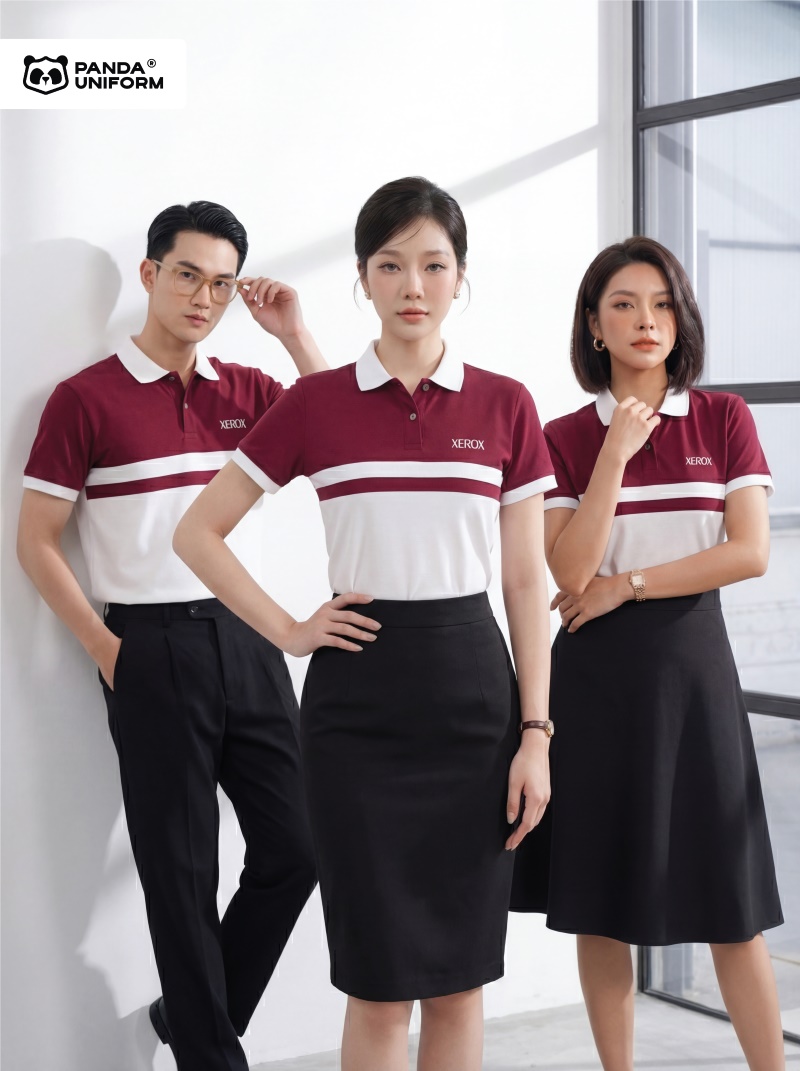 Mẫu áo polo màu nho phối trắng đồng phục công ty