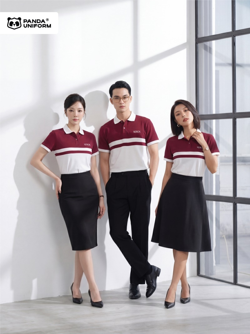 Mẫu áo polo màu nho phối trắng đồng phục công ty