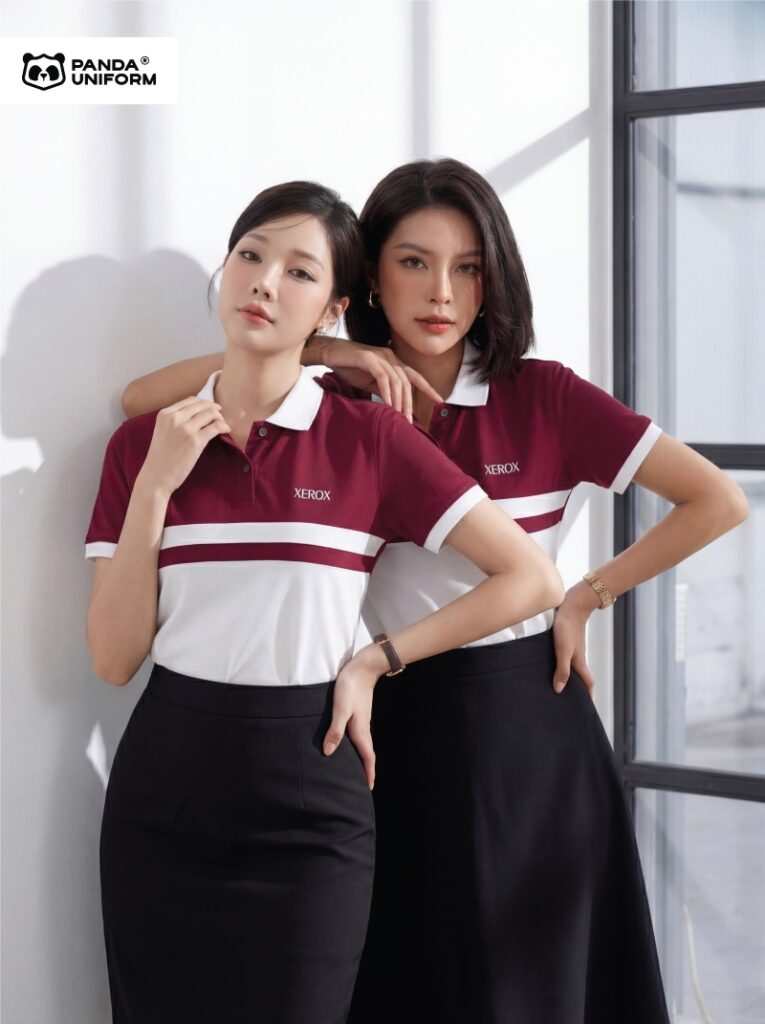 Mẫu áo polo màu nho phối trắng đồng phục công ty