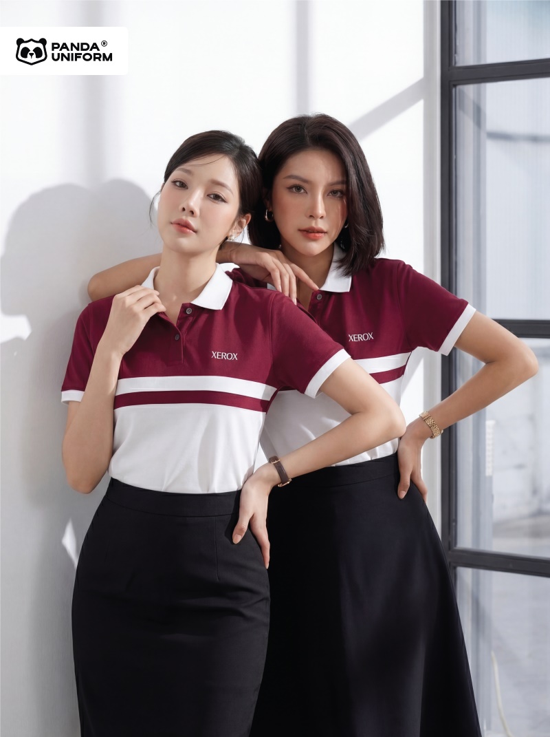 Mẫu áo polo màu nho phối trắng đồng phục công ty