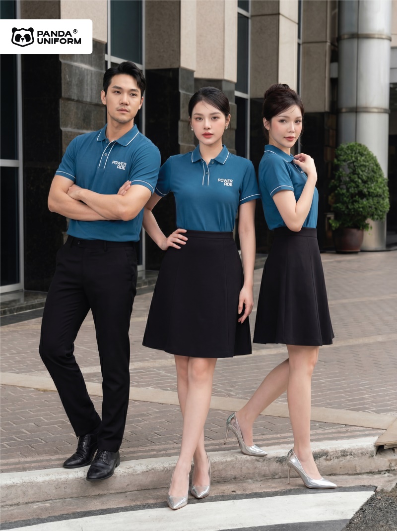 Mẫu áo polo màu xanh đồng phục công ty