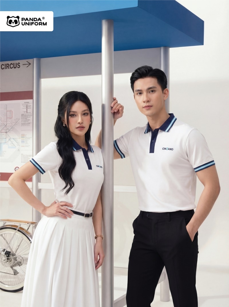 Mẫu áo polo trắng phối cổ xanh tím than đồng phục công ty