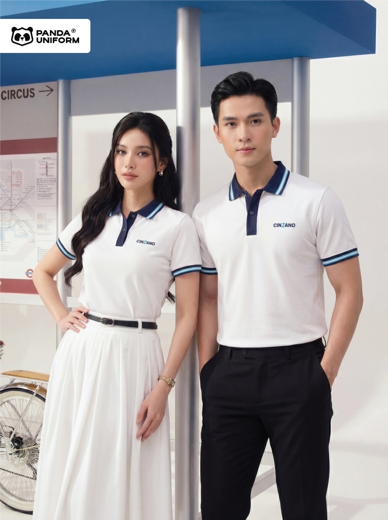 Mẫu áo polo trắng phối cổ xanh tím than đồng phục công ty
