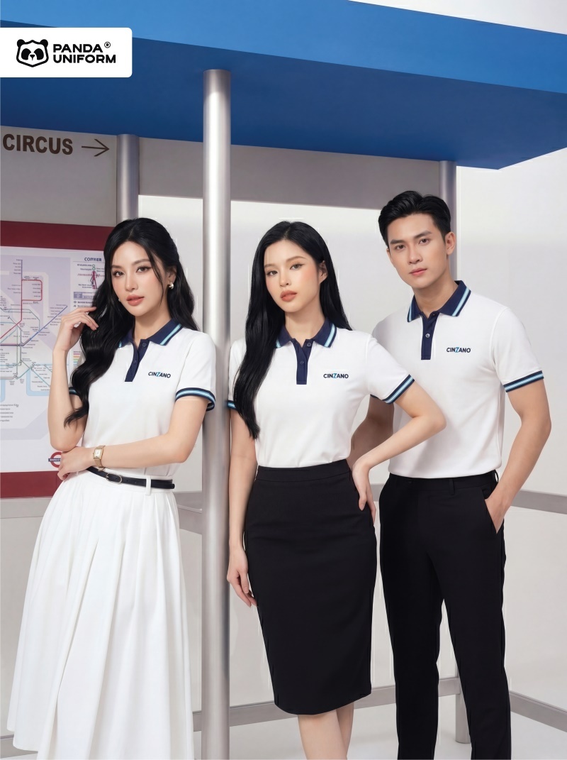 Mẫu áo polo trắng phối cổ xanh tím than đồng phục công ty