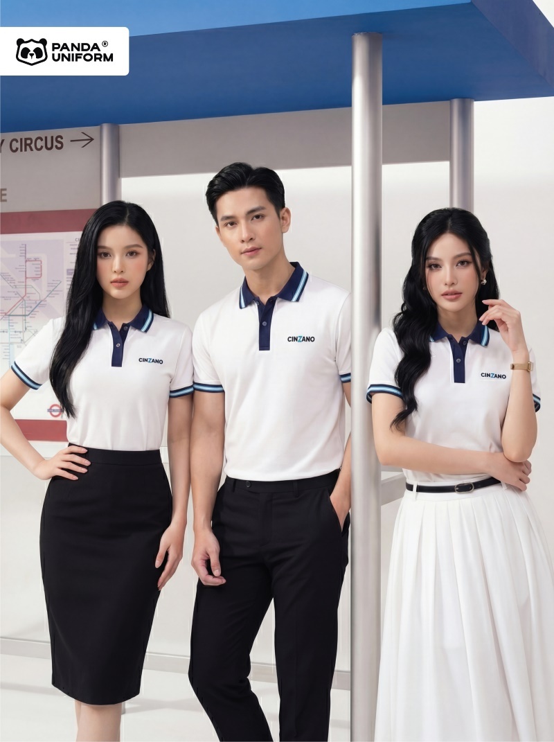 Mẫu áo polo trắng phối cổ xanh tím than đồng phục công ty