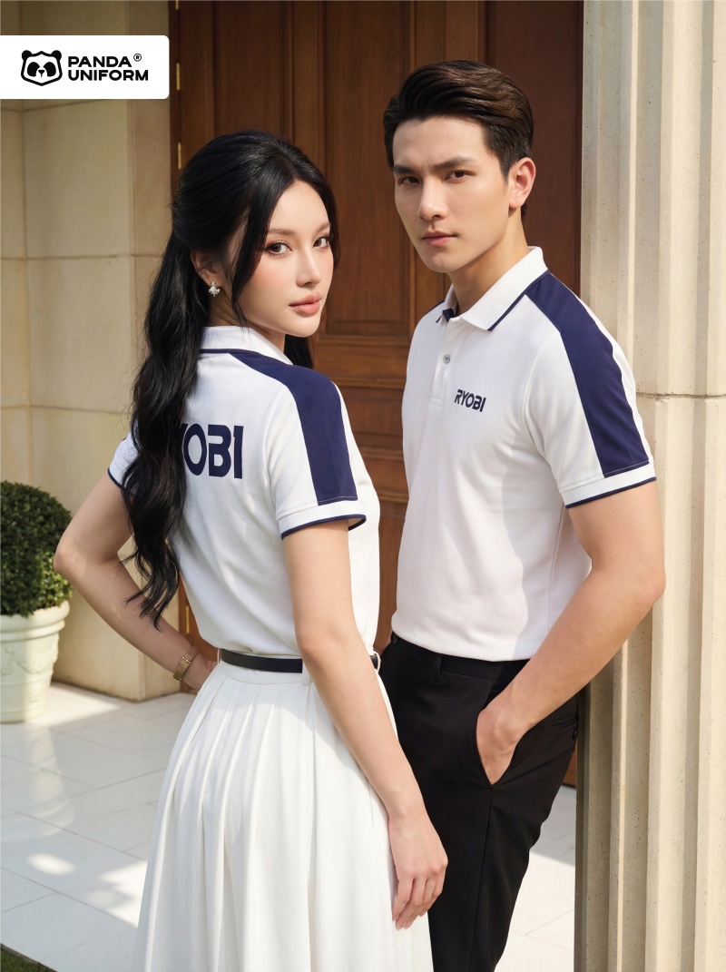 Mẫu áo polo trắng phối vai xanh tím than đồng phục công ty