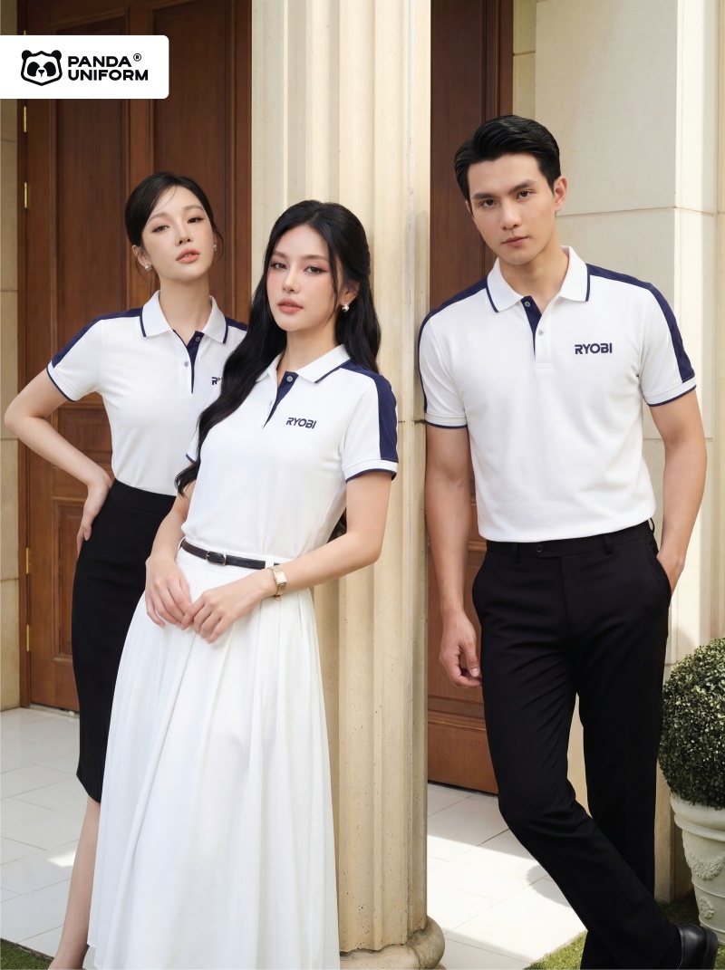 Mẫu áo polo trắng phối vai xanh tím than đồng phục công ty
