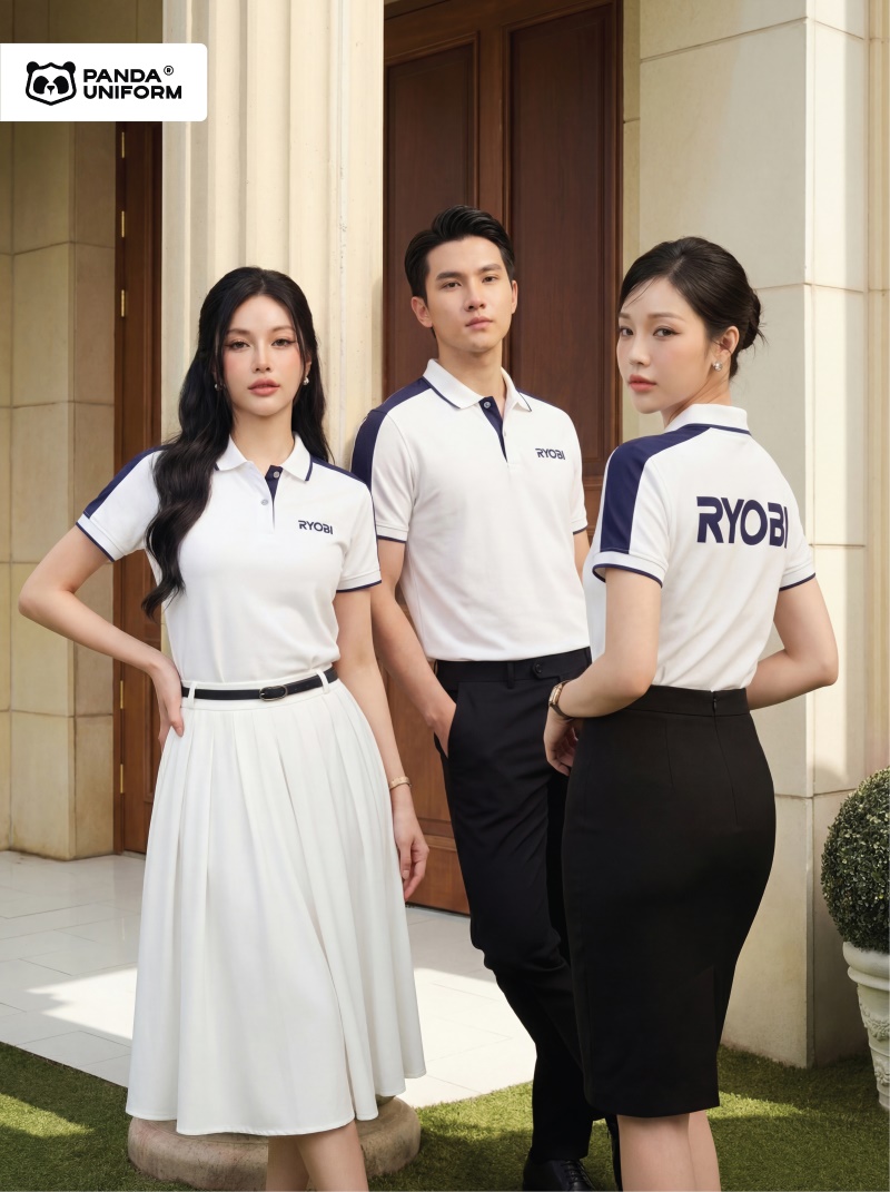 Mẫu áo polo trắng phối vai xanh tím than đồng phục công ty