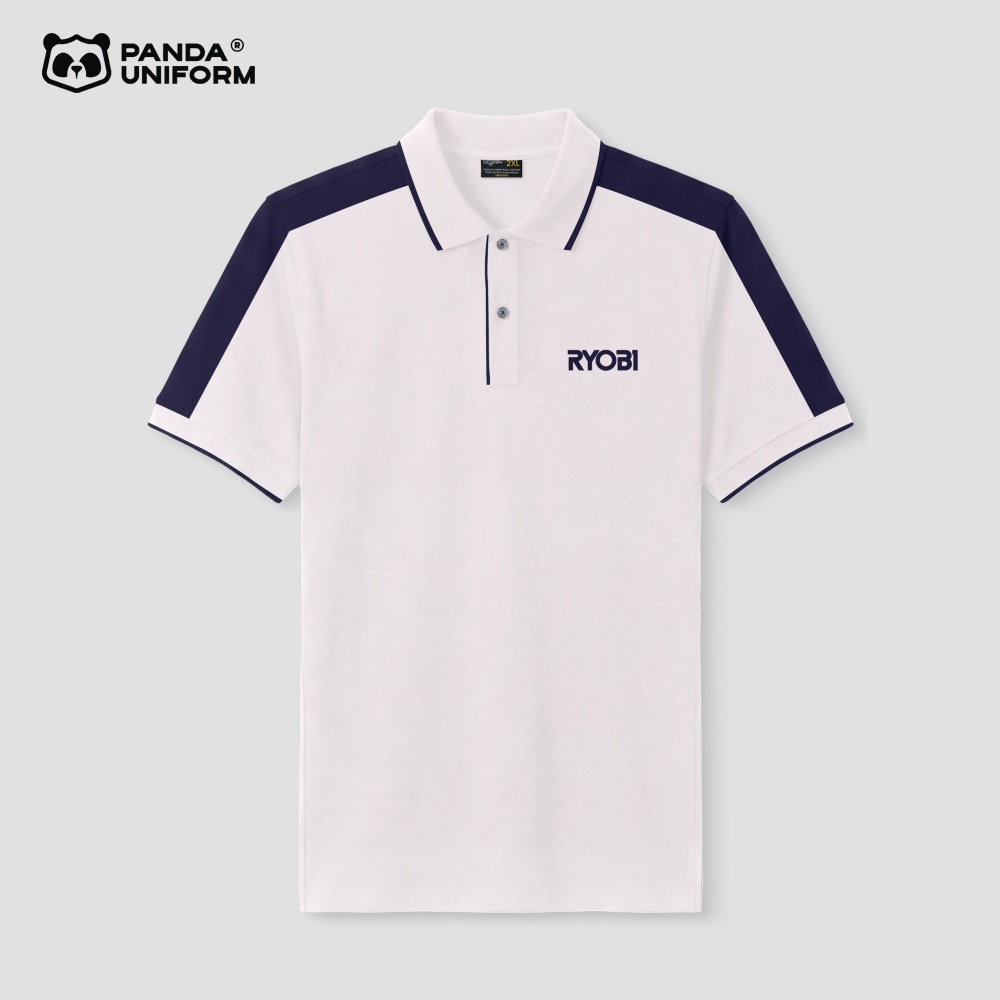 Mẫu áo polo trắng phối vai xanh tím than đồng phục công ty