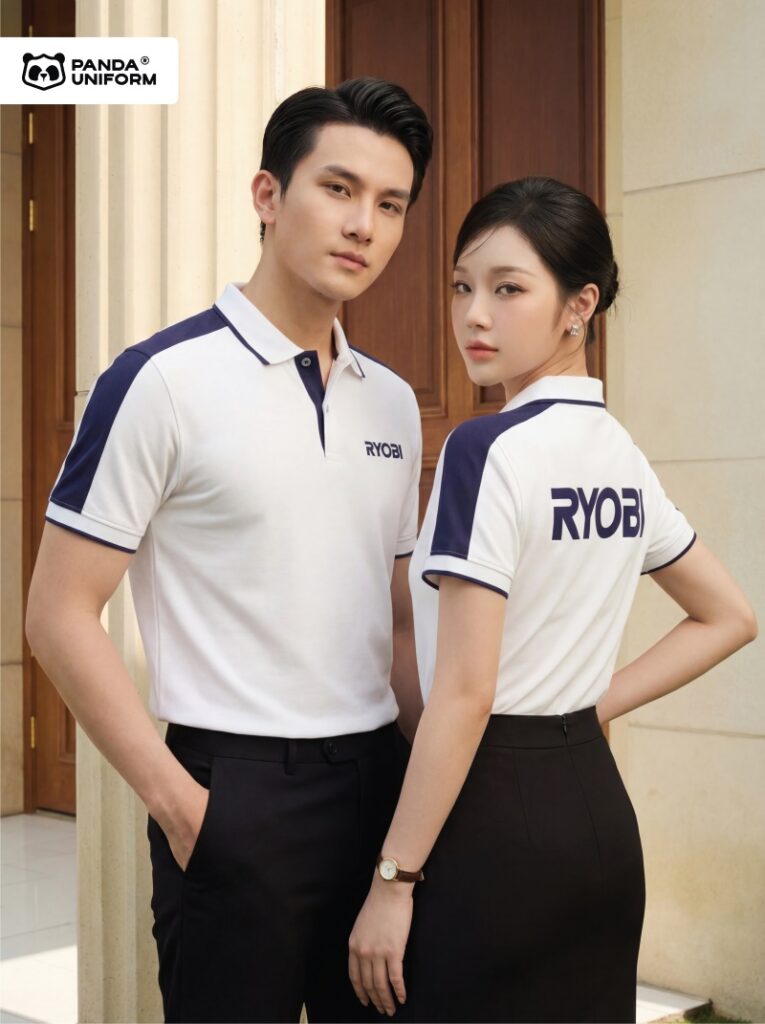 Mẫu áo polo trắng phối vai xanh tím than đồng phục công ty