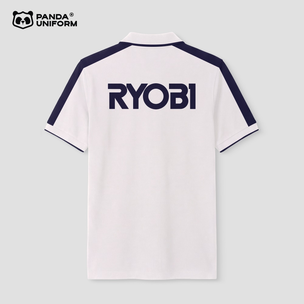 Mẫu áo polo trắng phối vai xanh tím than đồng phục công ty