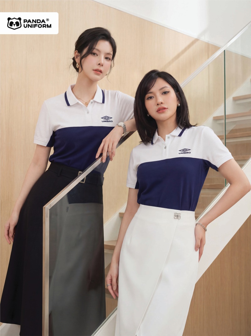 Mẫu áo polo trắng phối xanh tím than đồng phục công ty