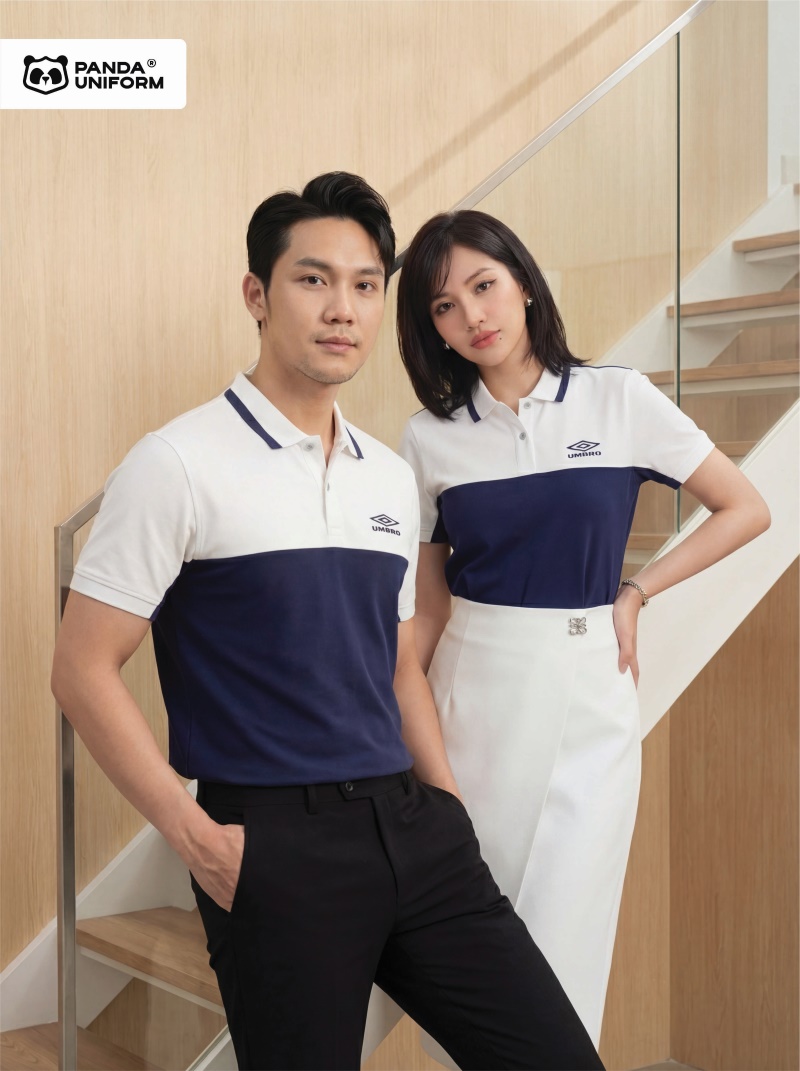 Mẫu áo polo trắng phối xanh tím than đồng phục công ty