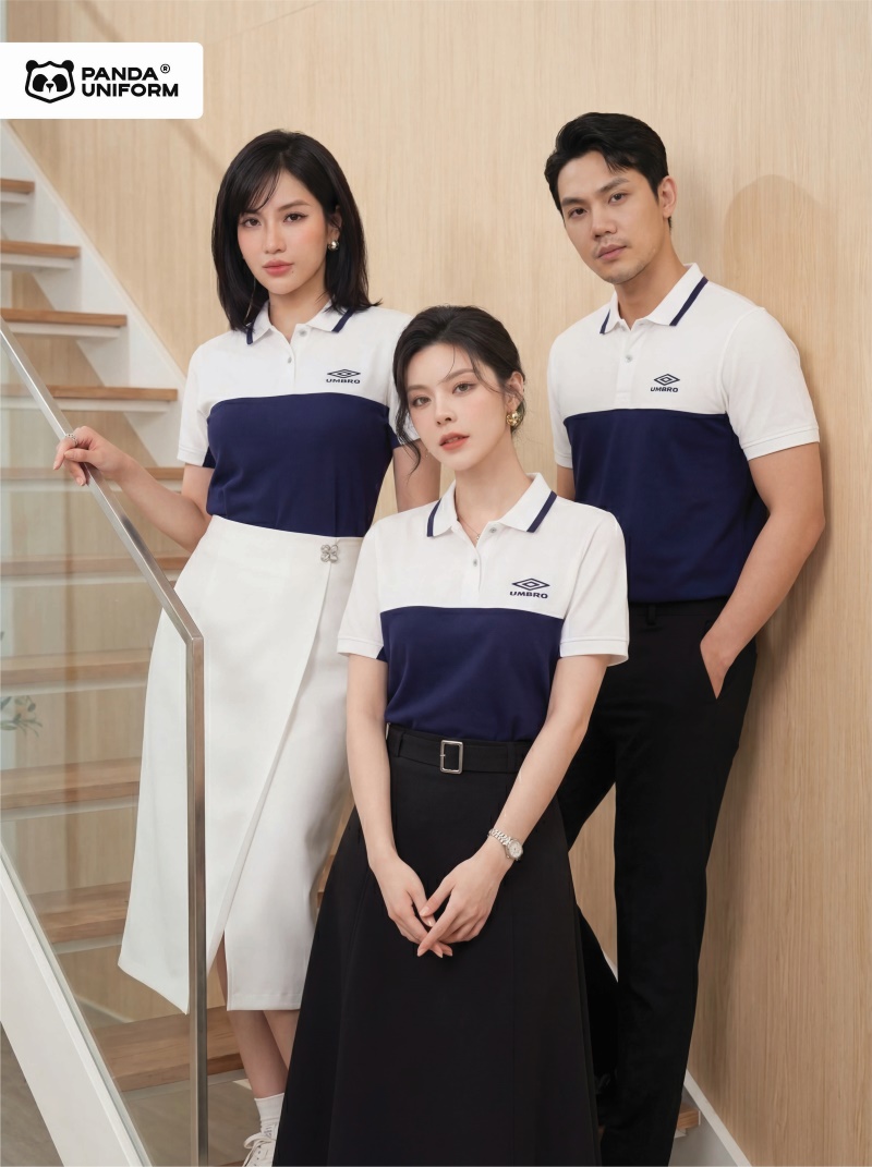 Mẫu áo polo trắng phối xanh tím than đồng phục công ty