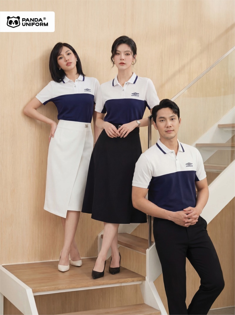 Mẫu áo polo trắng phối xanh tím than đồng phục công ty