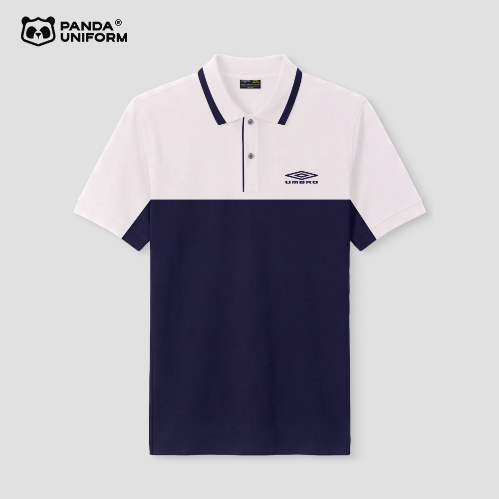 Mẫu áo polo trắng phối xanh tím than đồng phục công ty