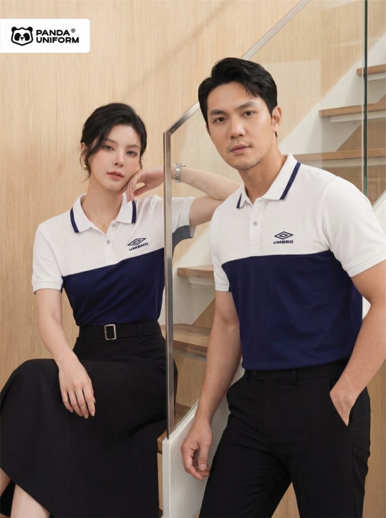 Mẫu áo polo trắng phối xanh tím than đồng phục công ty