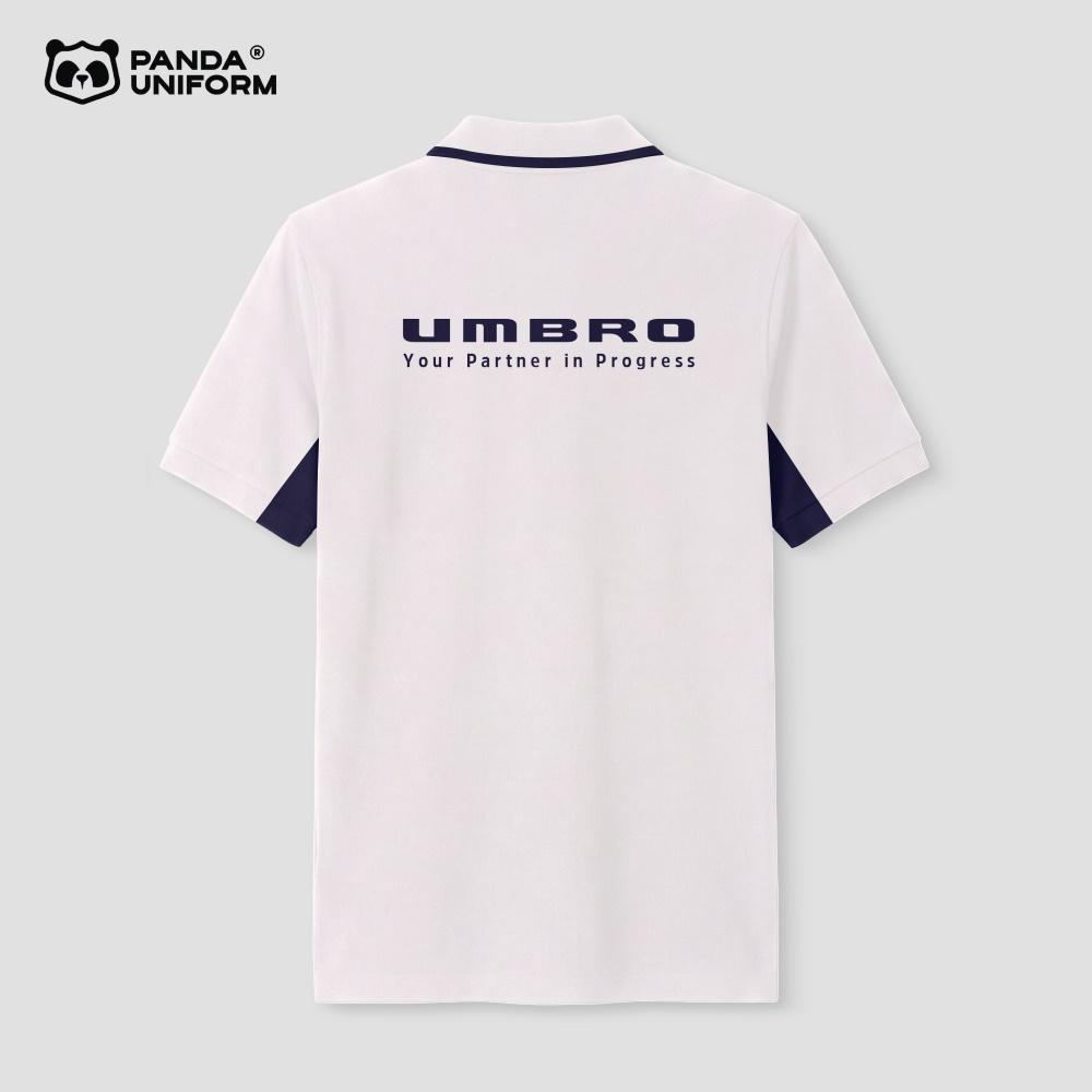 Mẫu áo polo trắng phối xanh tím than đồng phục công ty