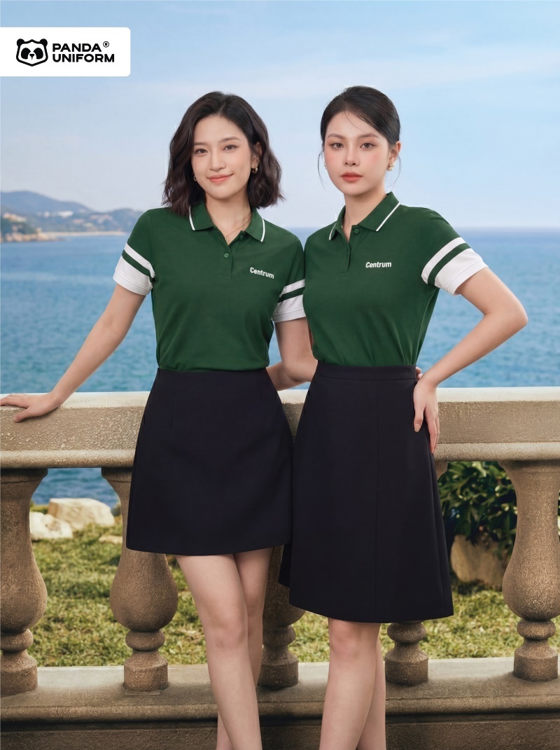 Mẫu áo polo xanh nhiệt đới phối tay trắng đồng phục công ty