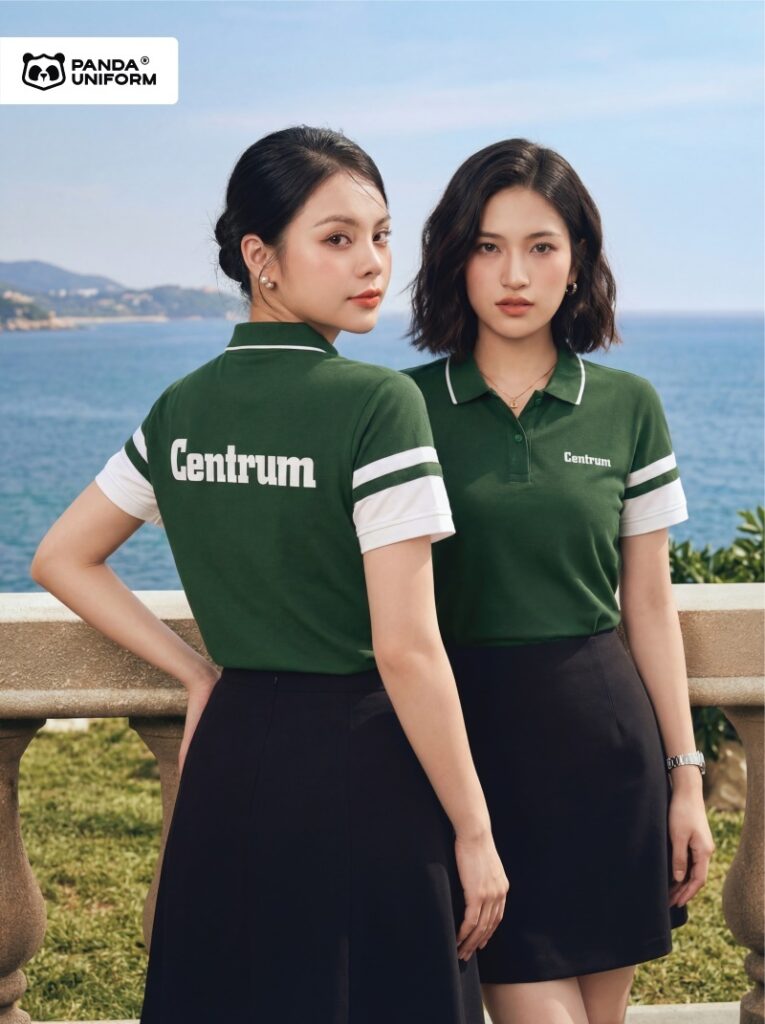 Mẫu áo polo xanh nhiệt đới phối tay trắng đồng phục công ty