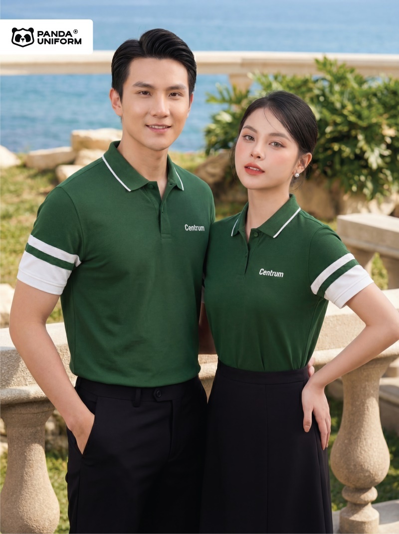 Mẫu áo polo xanh nhiệt đới phối tay trắng đồng phục công ty