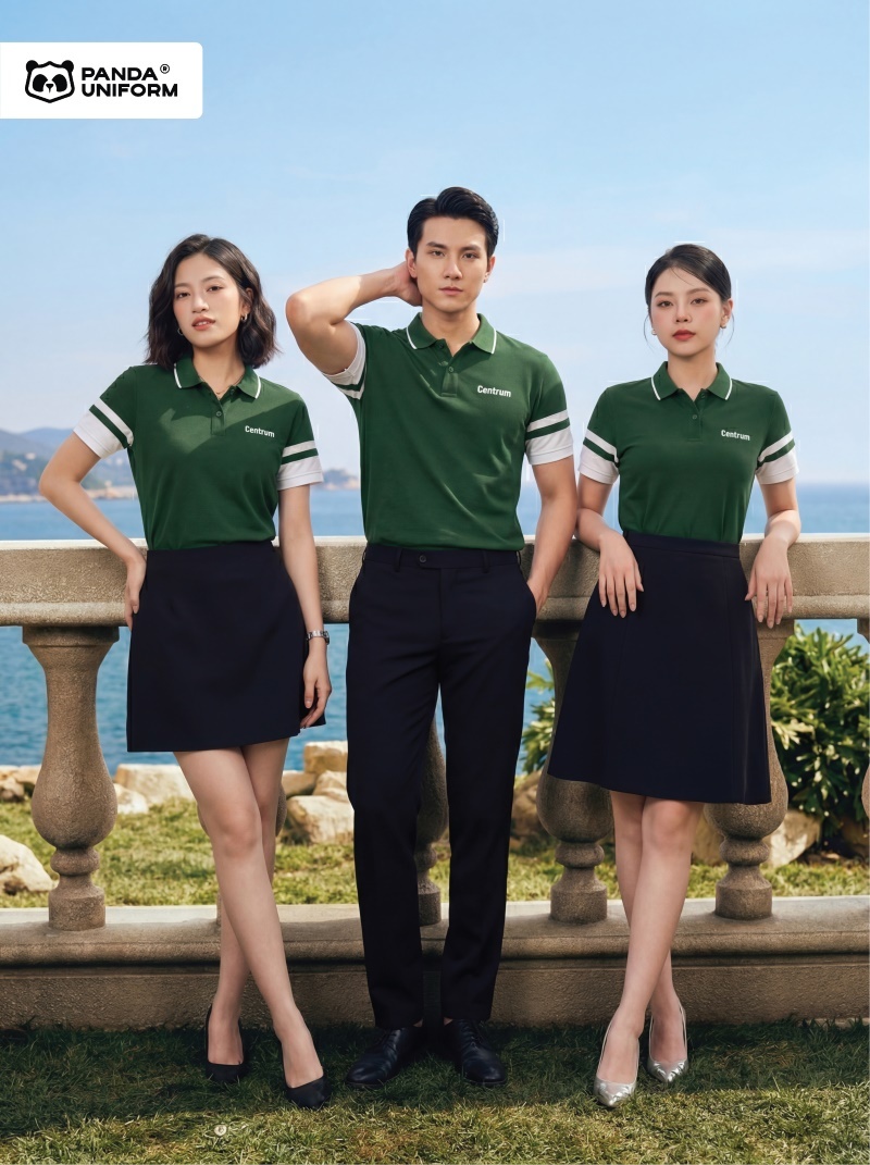 Mẫu áo polo xanh nhiệt đới phối tay trắng đồng phục công ty