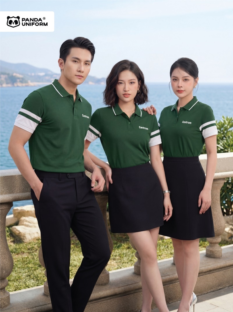 Mẫu áo polo xanh nhiệt đới phối tay trắng đồng phục công ty