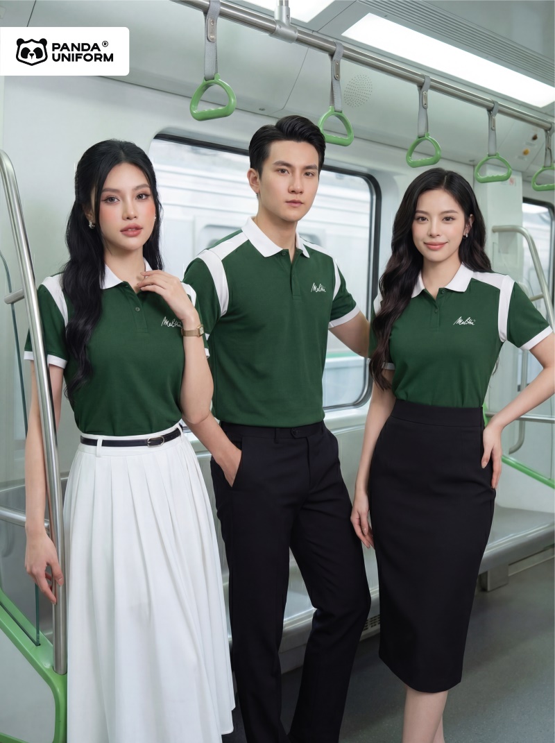 Mẫu áo polo xanh nhiệt đới phối vai trắng đồng phục công ty