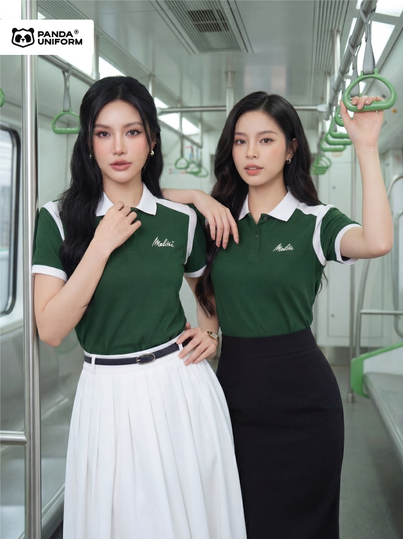 Mẫu áo polo xanh nhiệt đới phối vai trắng đồng phục công ty