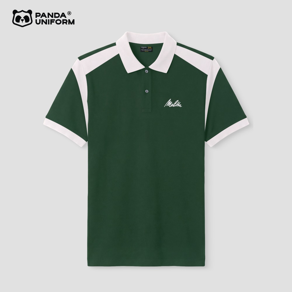 Mẫu áo polo xanh nhiệt đới phối vai trắng đồng phục công ty