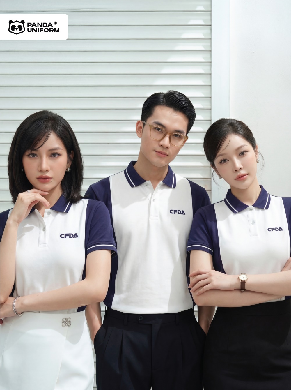 Mẫu áo polo xanh tím than phối trắng đồng phục công ty