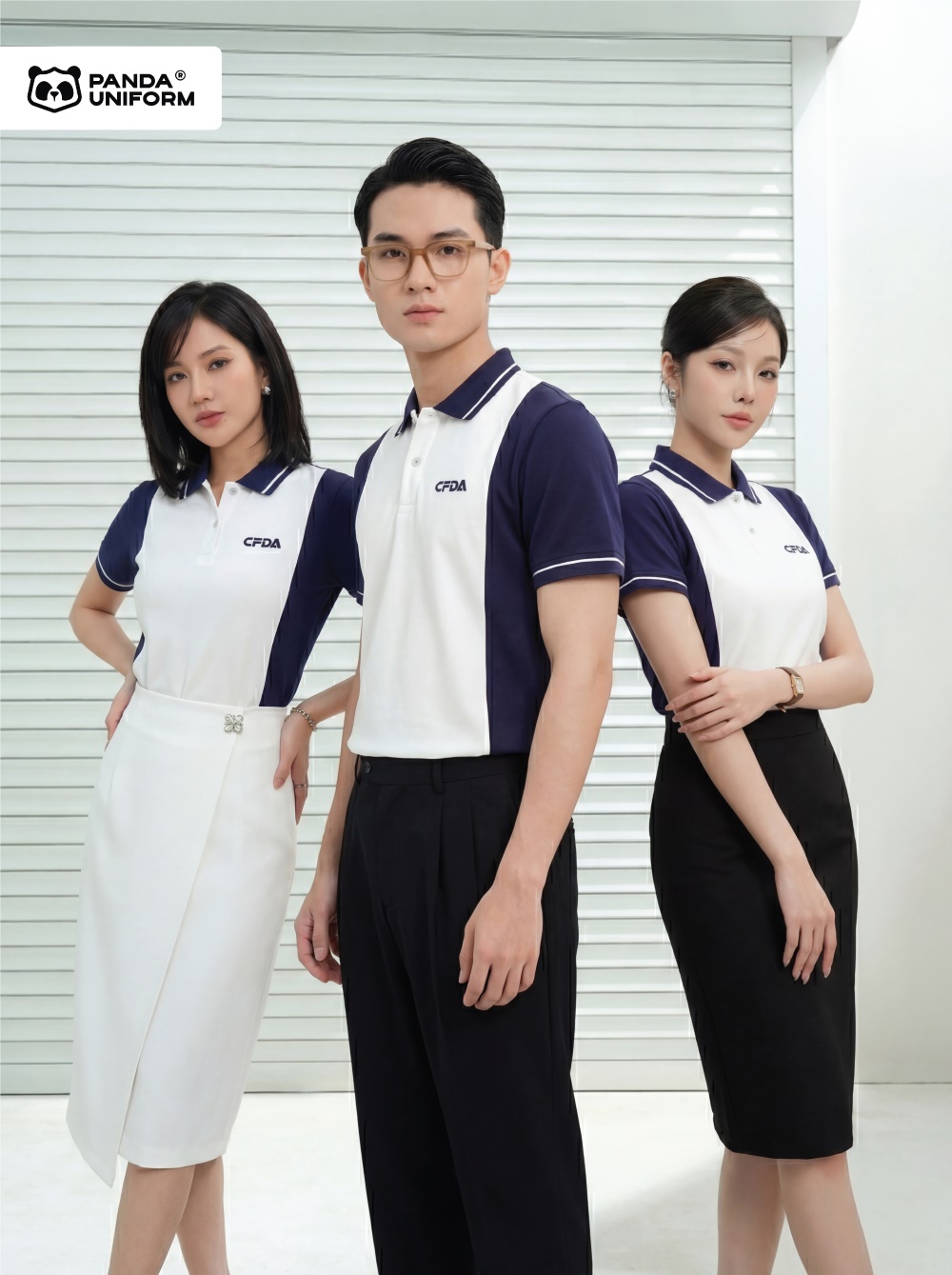 Mẫu áo polo xanh tím than phối trắng đồng phục công ty