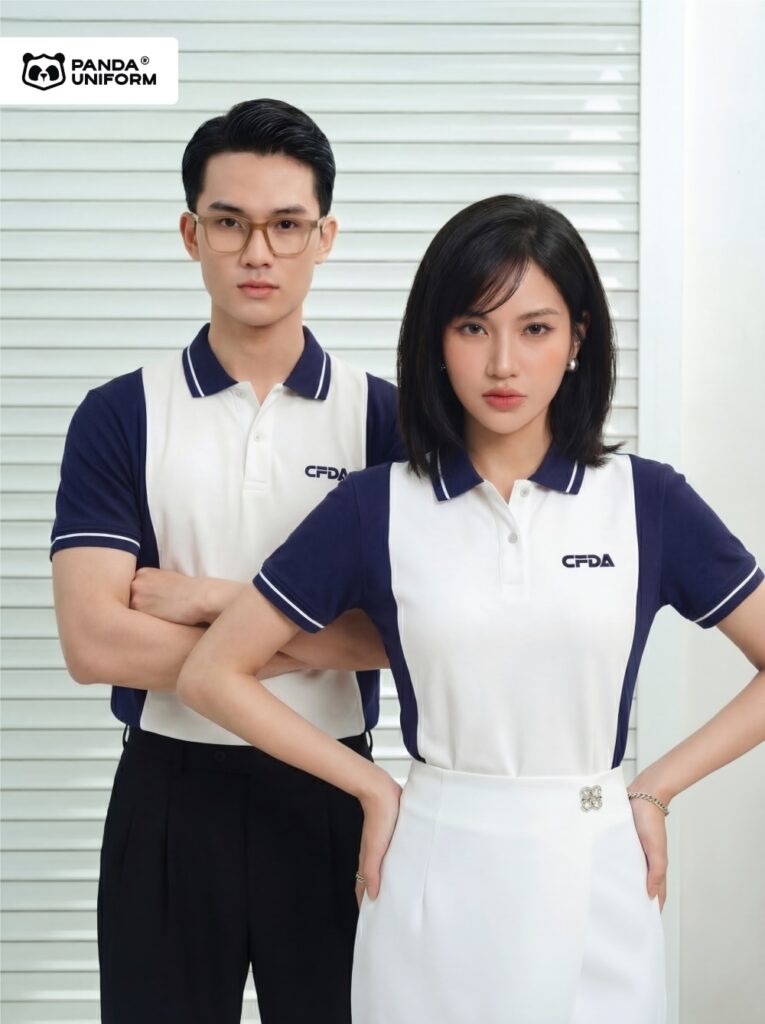 Mẫu áo polo xanh tím than phối trắng đồng phục công ty